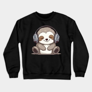 Sloth - Baby Sloth Kawaii Cute, Wearing Headphones, Enjoying The Music Crewneck Sweatshirt